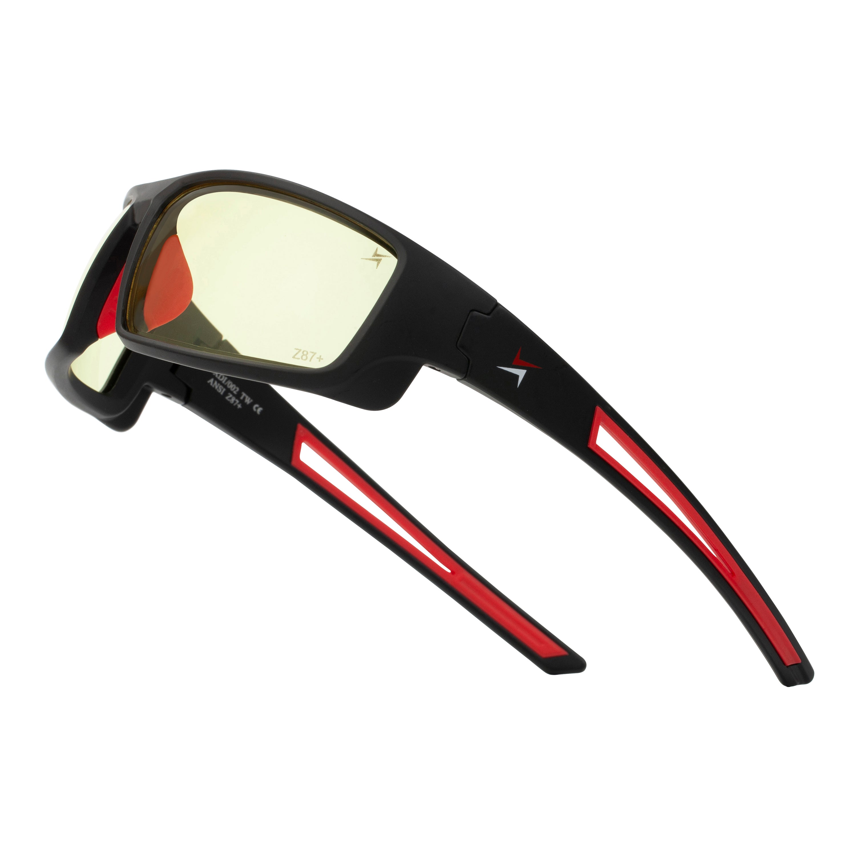 Yellow Tint Lens Sport Safety Sunglasses with Red Rubber Accents.