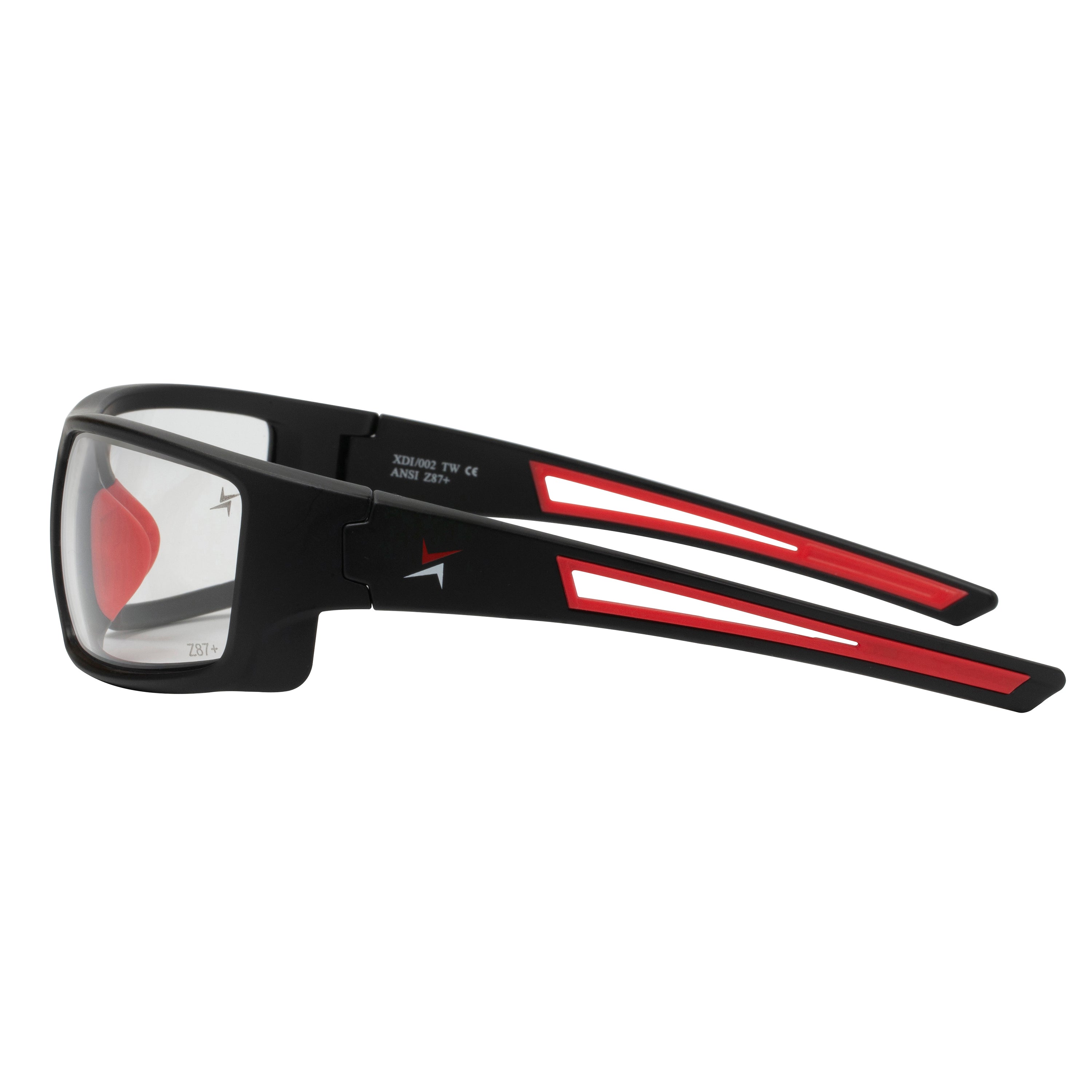 Clear Lens Sport Safety Sunglasses with Red Rubber Accents.