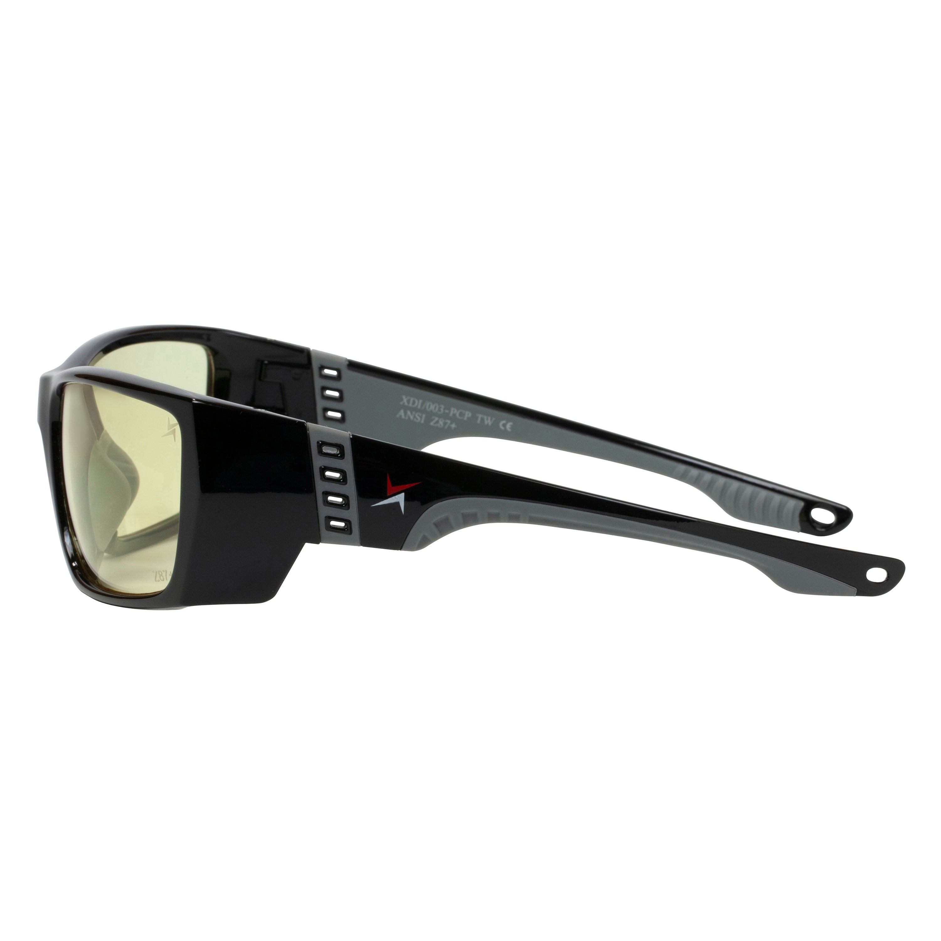 Yellow Tint Lens Sport Safety Sunglasses with Grey Rubber Accents.