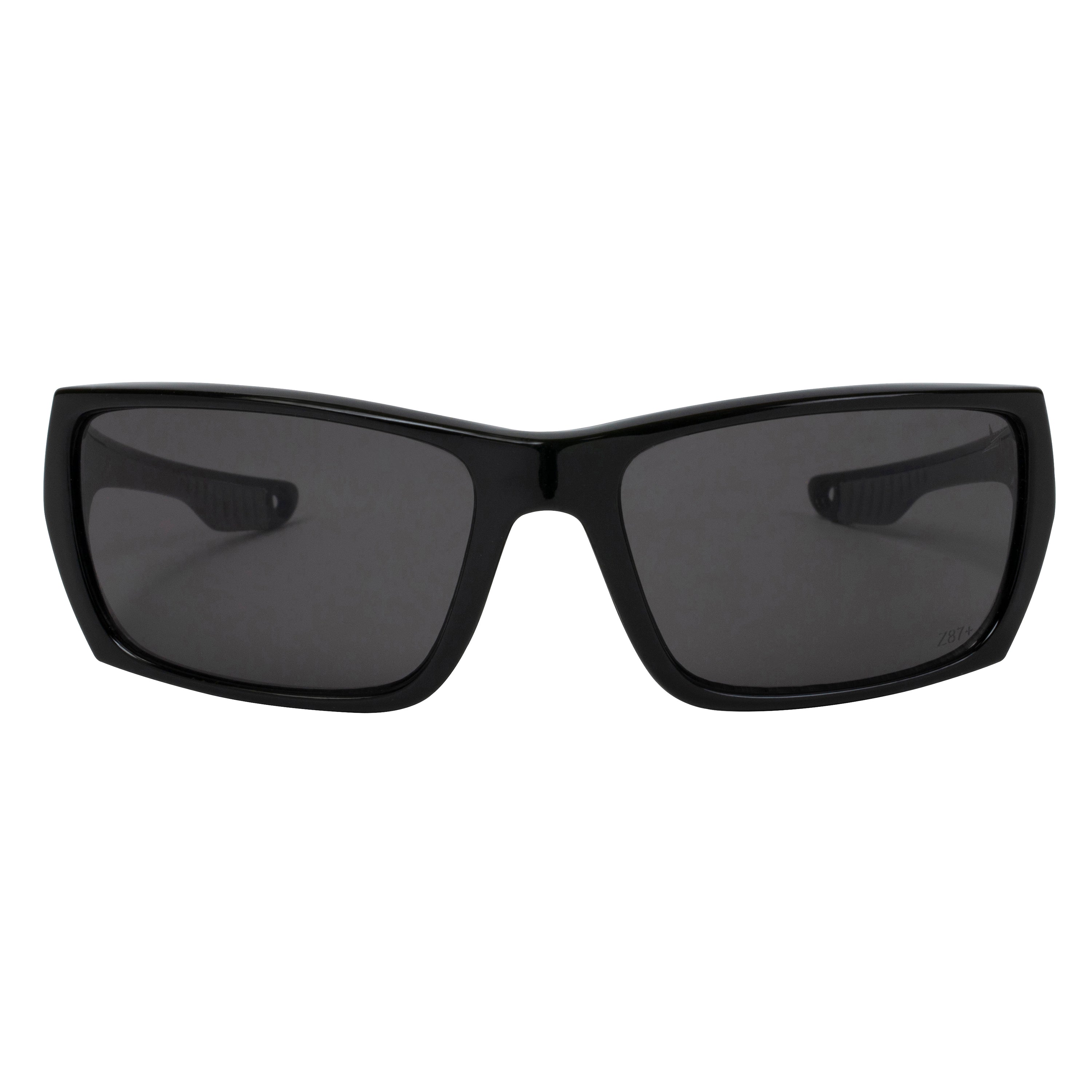 Dark Smoke Lens Sport Safety Sunglasses with Grey Rubber Accents.