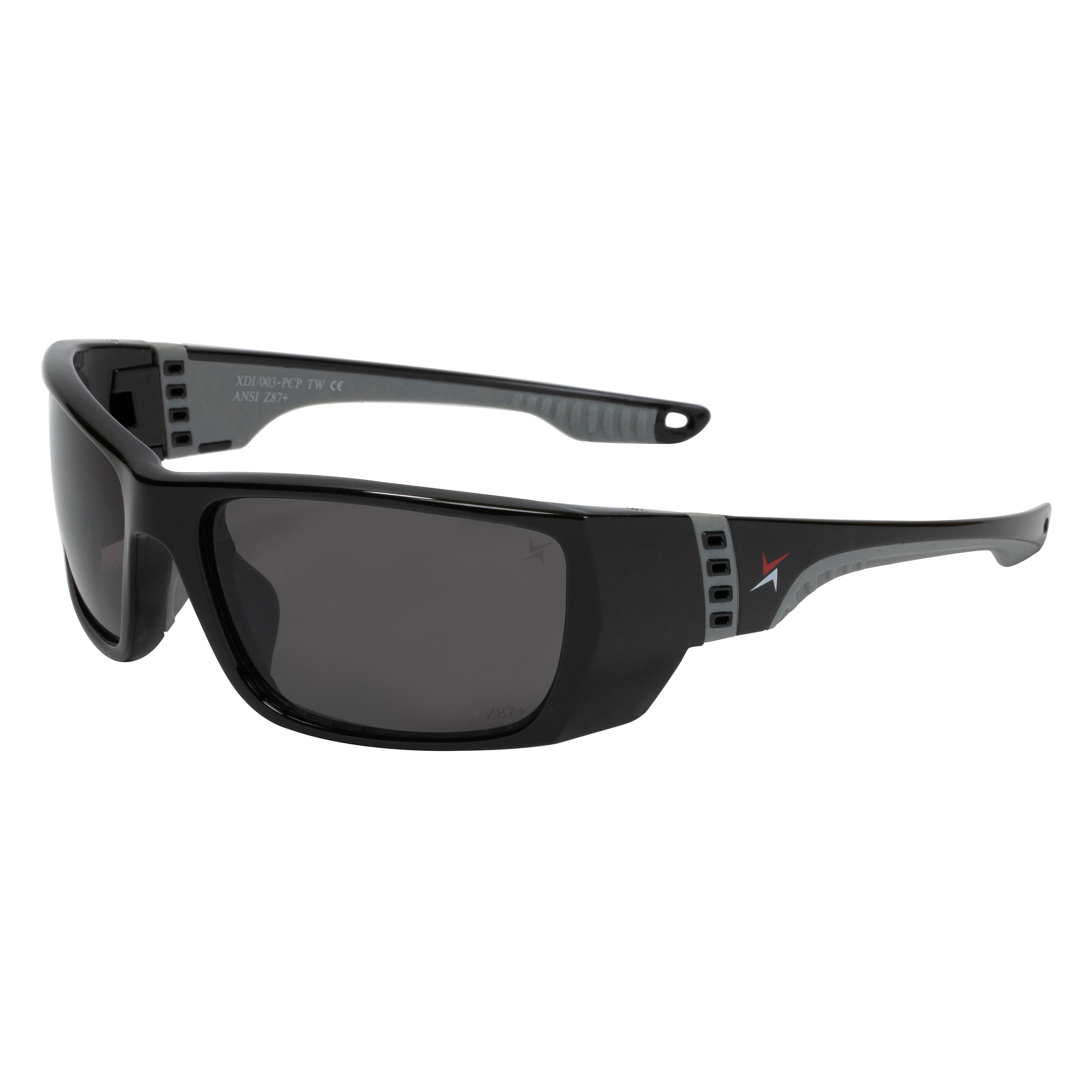 Dark Smoke Lens Sport Safety Sunglasses with Grey Rubber Accents.