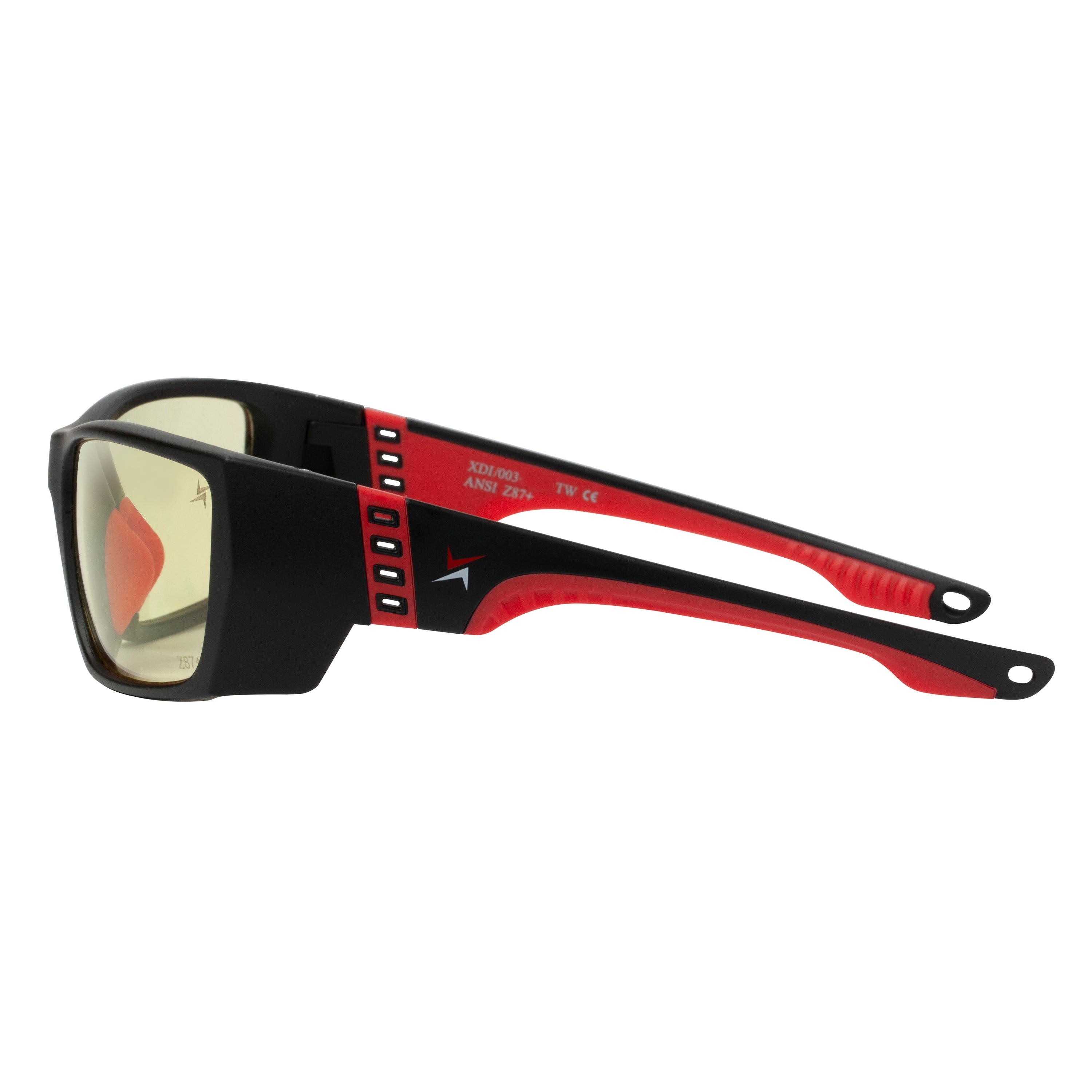 Yellow Tint Lens Sport Safety Sunglasses with Red Rubber Accents.