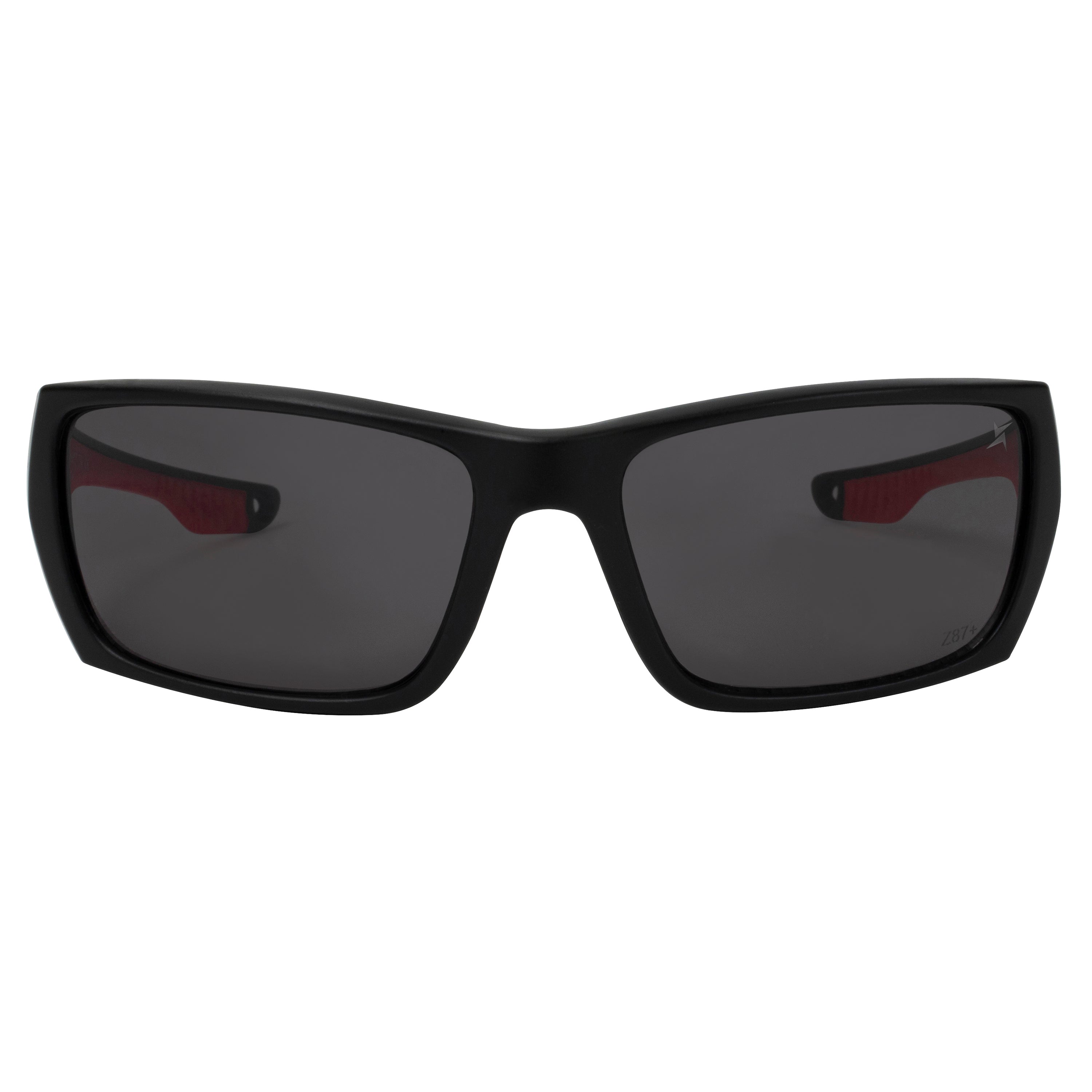 Dark Smoke Lens Sport Safety Sunglasses with Red Rubber Accents.