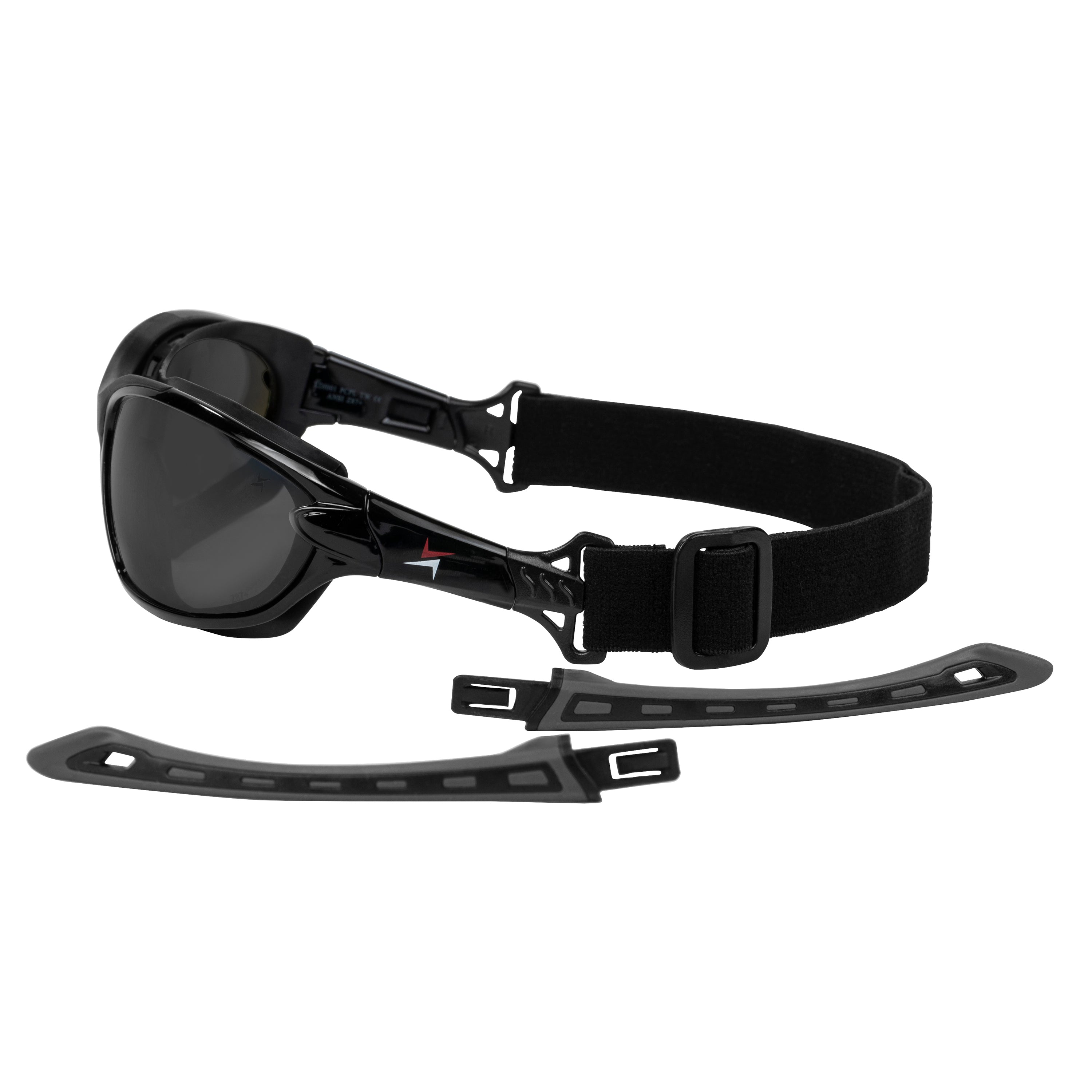 Dark Smoke Lens Sport Safety Sunglasses with Swappable Strap and Gasketed Goggle Padding.