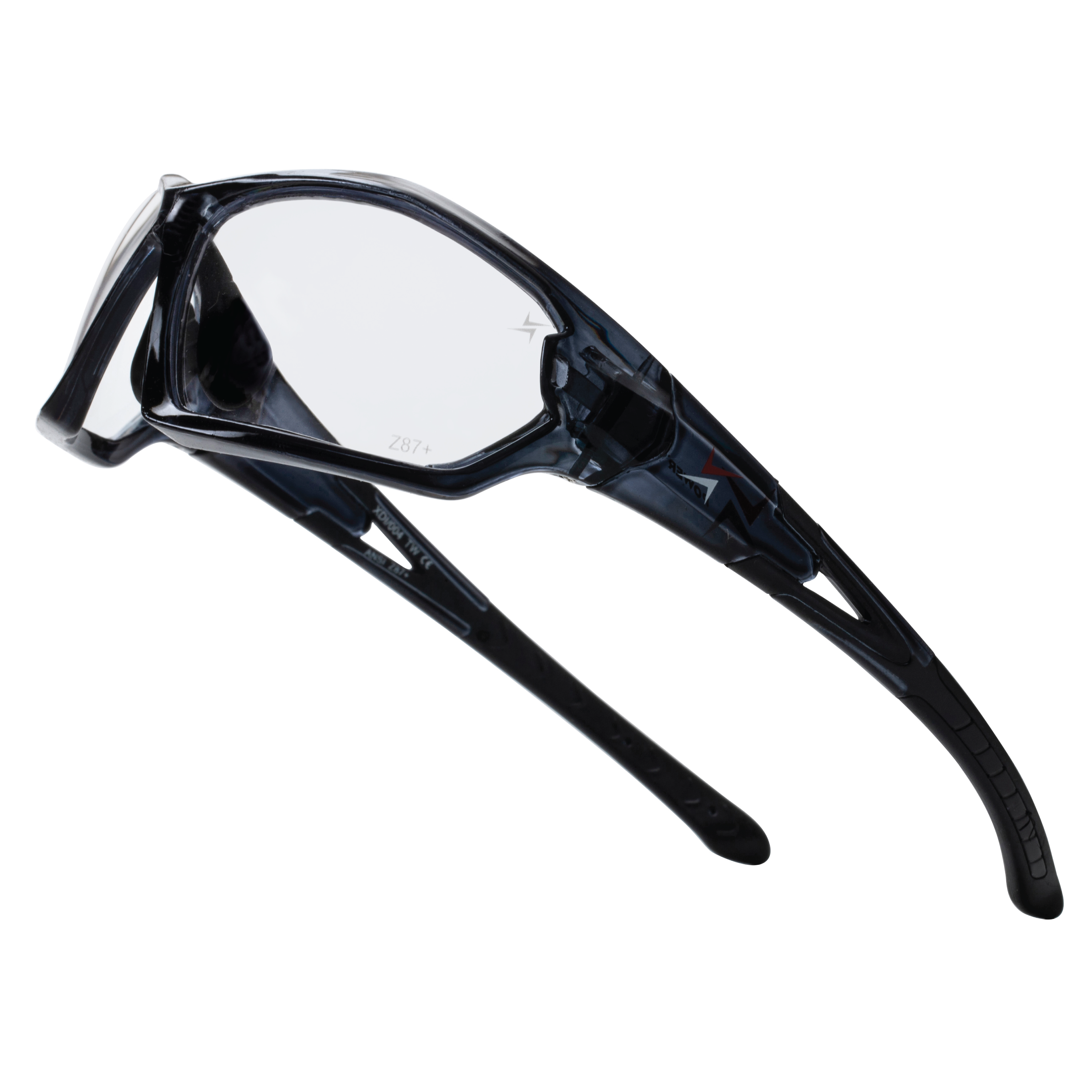 Clear Lens Translucent Black Frame Sport Safety Glasses with Adjustable Nose Pads.