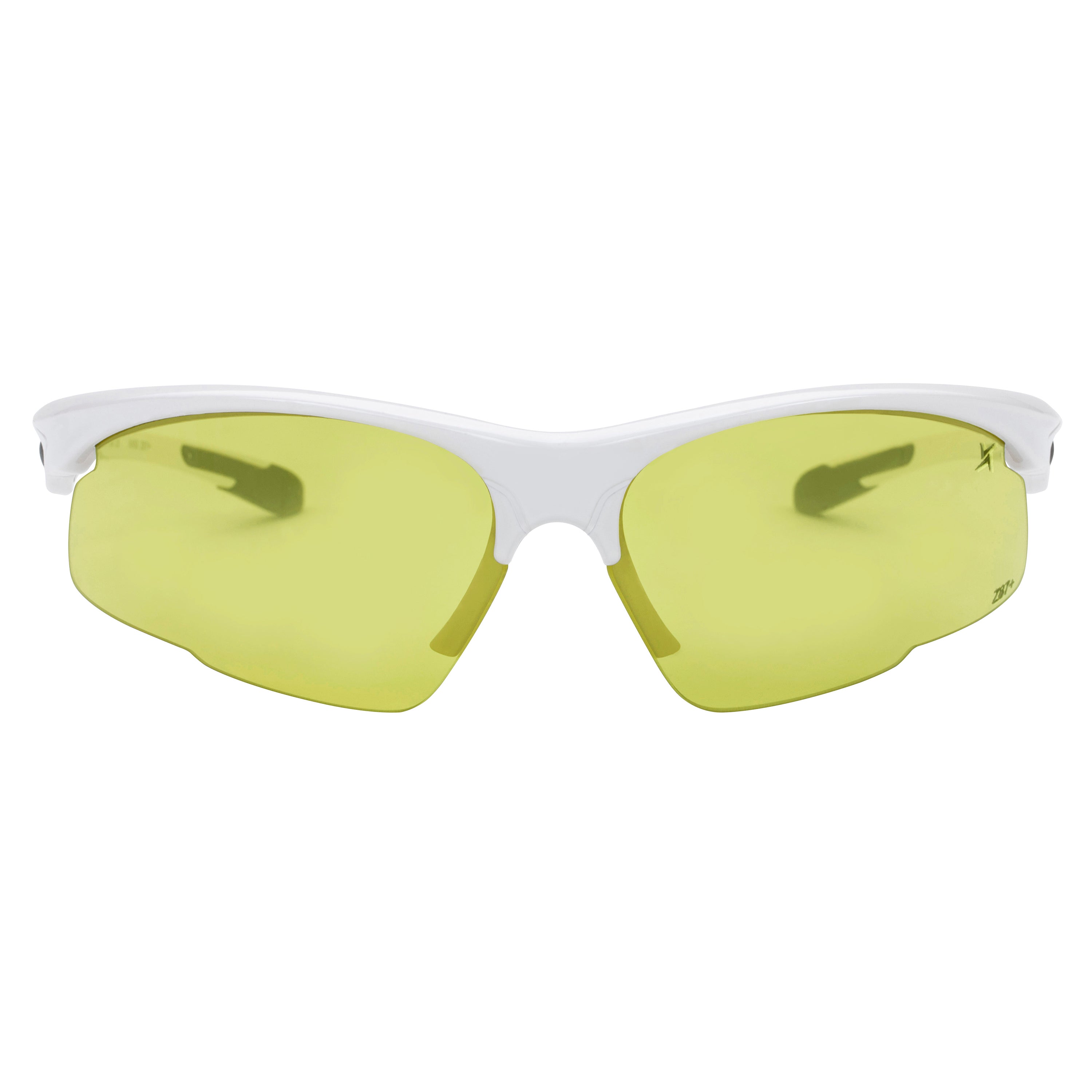 Yellow to Grey Photochromic Lens with Flash Mirror Coating White Half Frame Wrap Around Sport Safety Sunglasses.