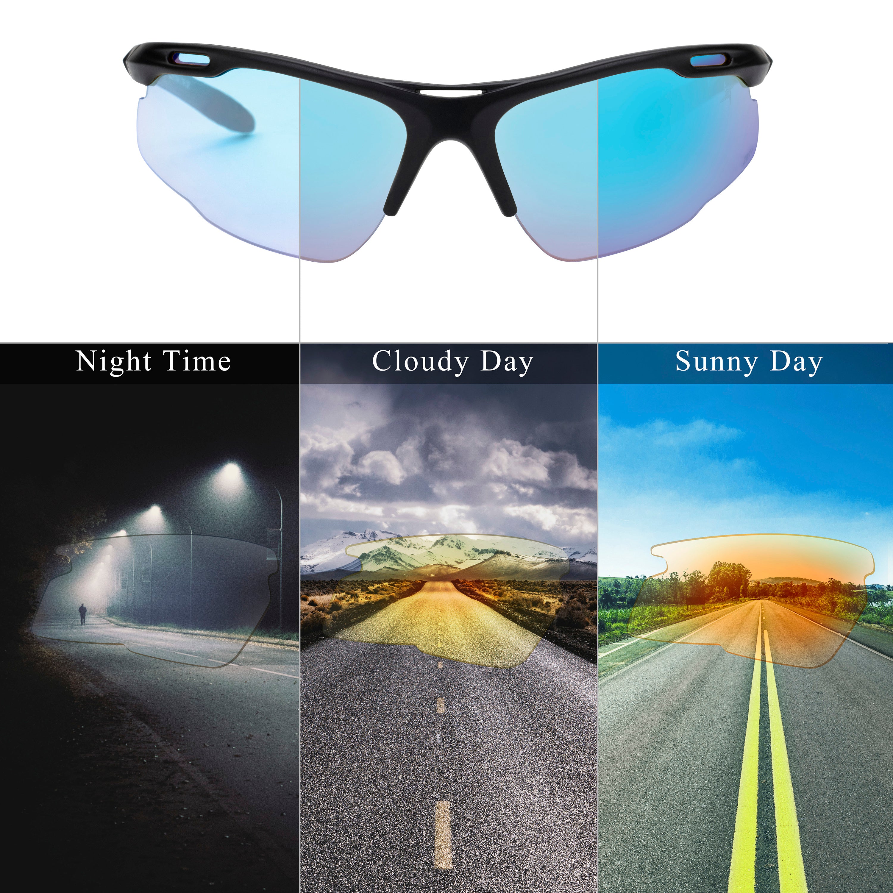 Clear to Grey Photochromic Lens with Blue Mirror Coating Half Frame Wrap Around Sport Safety Sunglasses.